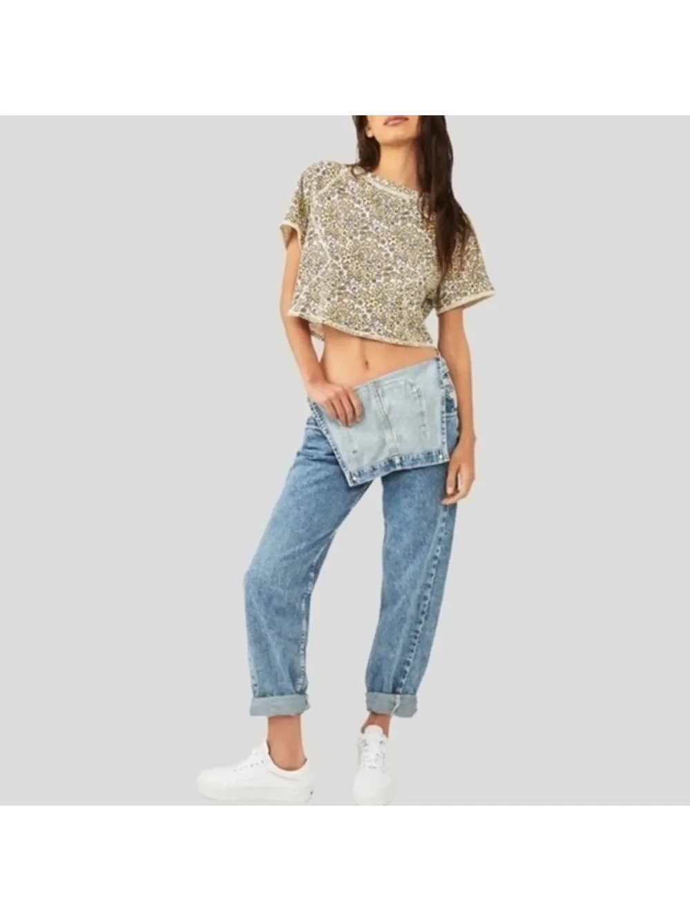 FREE PEOPLE NWT Sammie Stripe Cropped Short Raglan Sleeve Printed COTTON Tee/LG